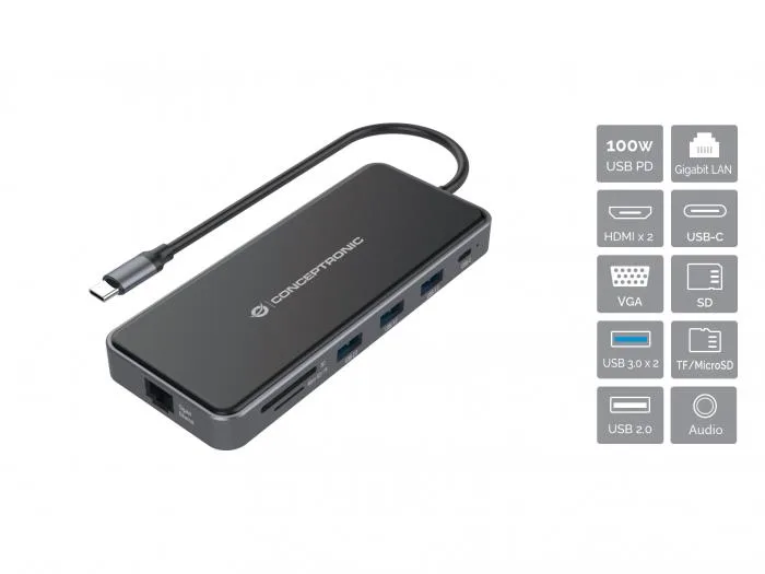 Conceptronic DONN015G Docking Station 12-in-1 da USB-C 3.2 A 2XUSB-A 3.2 2XUSB-C 3.2 100W 1XUSB-A 2.0 2XHDMI 1XVGA 1XLAN RJ-45 1000MBIT/S 1XAUX/Out Lettore Micro SD/SD Nero
