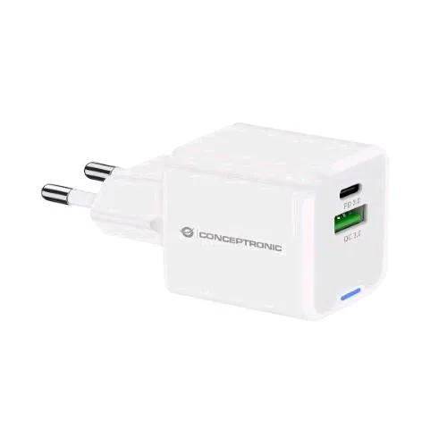 Conceptronic ALTHEA15W Caricabatterie da Rete Gan PD 20 W 2 Porte 1X USB-C, 1X USB-A, QC 3.0, PPS Bianco