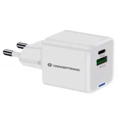 Conceptronic ALTHEA15W Caricabatterie da Rete Gan PD 20 W 2 Porte 1X USB-C, 1X USB-A, QC 3.0, PPS Bianco