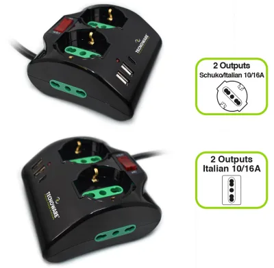 PRESA MULTIPLA TECNOWARE 2 SCHUKO 2 ITA 2*USB-A 1*USB-C INTERRUTTORE