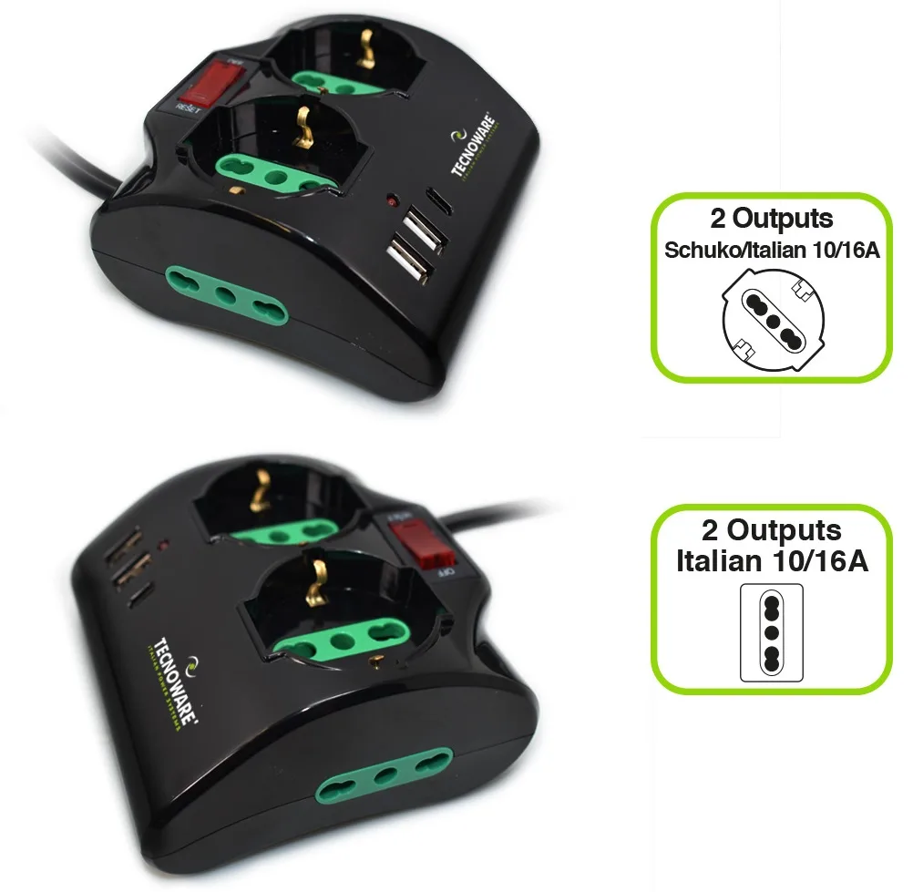 PRESA MULTIPLA TECNOWARE 2 SCHUKO 2 ITA 2*USB-A 1*USB-C INTERRUTTORE