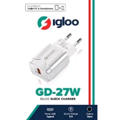 Igloo GD-27W Caricabatterie da Rete Fast Charge Quick Charge 3.0 USB-A 3A White