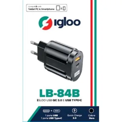 Igloo LB-84B Caricabatterie da Rete Quick Charge 3.0 2 Porte USB-A + USB-C 18 W Black