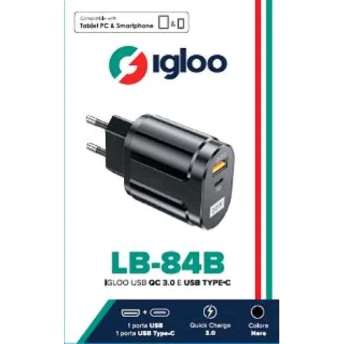 Igloo LB-84B Caricabatterie da Rete Quick Charge 3.0 2 Porte USB-A + USB-C 18 W Black