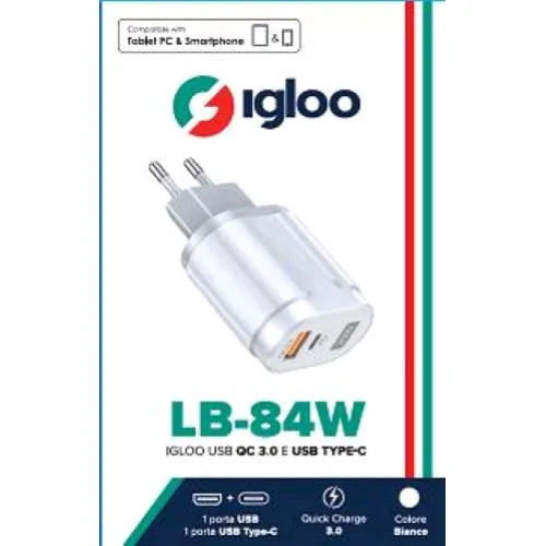 Igloo LB-84W Caricabatterie da Rete Quick Charge 3.0 2 Porte USB-A + USB-C 18 W White