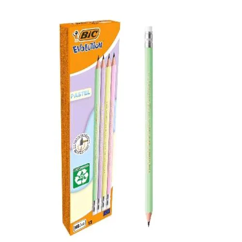 BIC Evolution Pastel Matita in Grafite Mina HB con Gomino Fusto Colori Assortiti Conf 12 Pz.