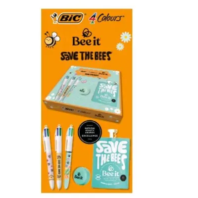 BIC Save The Bees Kit 4 Color con 3 Penne Sfera Tratto 1 mm Crema Mani e Contenitore Colori Assortiti
