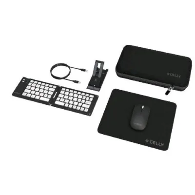 Celly Travel Kit Viaggio per Lavorare in Mobilita' Tastiera Wireless Pieghevole Mouse Wireless Mousepad Cavo USB-C Supporto per Smartphone Custodia Nero