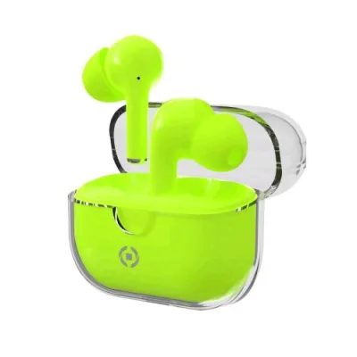 Celly True Wireless Auricolari in-Ear Enc Clear Controllo Chiamate e Volume/Musica con Custodia di Ricarica Trasparente Verde Fluo