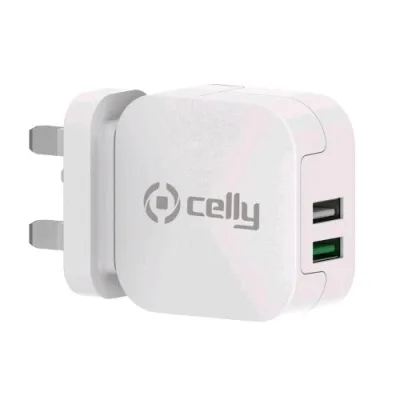 Celly Turbo Caricabatterie da Rete 2 USB-A 3.4A Spina Inglese Bianco