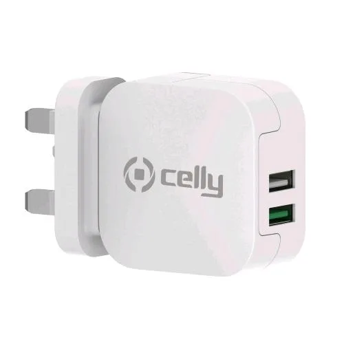 Celly Turbo Caricabatterie da Rete 2 USB-A 3.4A Spina Inglese Bianco