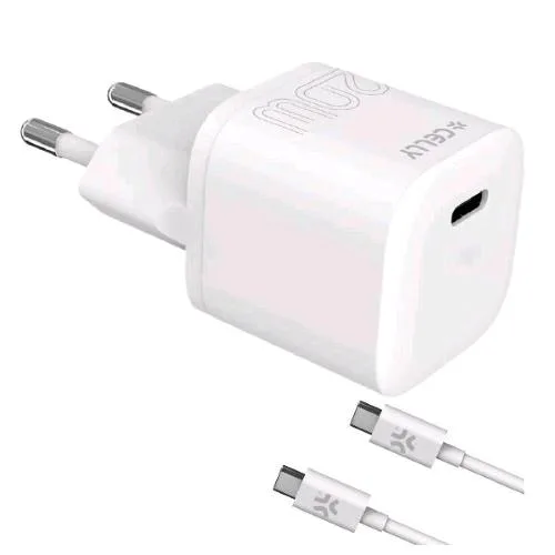 Celly Ultra Compact Wall Charger Caricabatterie da Rete USB-C 20 W con Cavo USB-C Maschio-Maschio Incluso Bianco