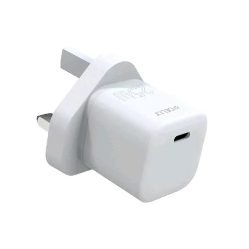Celly Ultra Compact Wall Charger Caricabatterie da Rete USB-C 25 W Spina Inglese Bianco