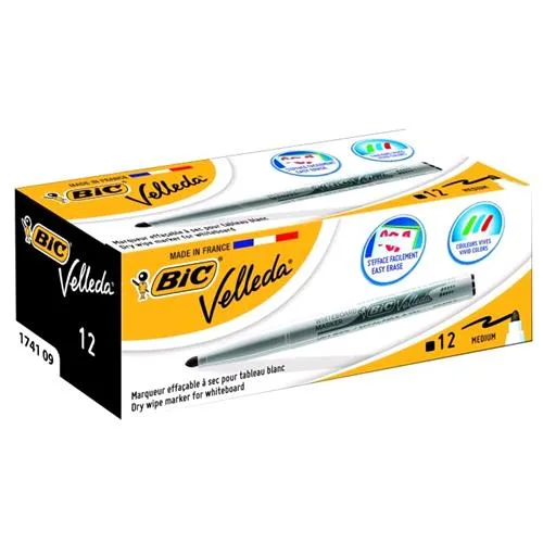 BIC Velleda Eco Marcatore per Lavagna Punta Tonda Medium Colore Nero Conf. 12 Pz.