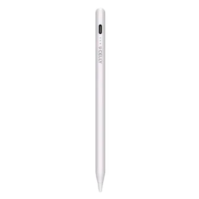 Celly Universal Pencil Tablet Pennino Compatibile con Tutti I Touch Screen 2 Punte Intercambiabili Cavo di Ricarica USB-C Incluso e Portapennino Bianco