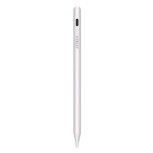 Celly Universal Pencil Tablet Pennino Compatibile con Tutti I Touch Screen 2 Punte Intercambiabili Cavo di Ricarica USB-C Incluso e Portapennino Bianco