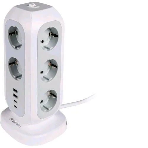 Verbatim Eupt-01 Power Tower 15 in 1 11 Prese Bipasso/Shucko + 2 x USB-A 2 x USB-C con Interruttore Cavo 2 m Bianco/Grigio