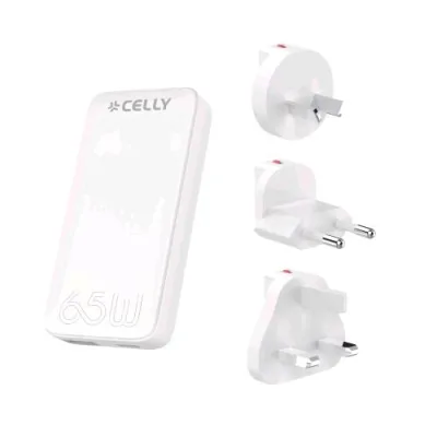 Celly Universal Wall Charger Multiplug Caricabatterie da Rete Gan 65W Internazionale con Adattatori per Tutti I Paesi del Mondo 1 x USB-A- 1 x USB-C EU/UK/Aus/Us Bianco