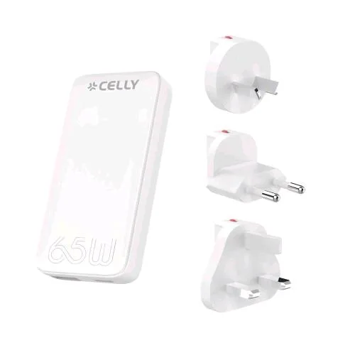 Celly Universal Wall Charger Multiplug Caricabatterie da Rete Gan 65W Internazionale con Adattatori per Tutti I Paesi del Mondo 1 x USB-A- 1 x USB-C EU/UK/Aus/Us Bianco