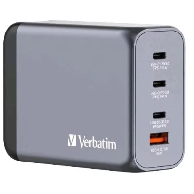 Verbatim Gan Charger Caricabatterie da Rete Multinazione 4 Porte 200 W 3 x USB-C 1 x USB-A Spina Ripiegabile per EU Usa e UK Grigio