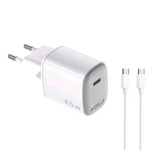 Celly Up Caricabatterie da Rete Gan 45 W USB-C + Cavo di Ricarica USB-C Maschio/Maschio 2 m Bianco