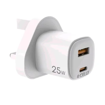 Celly Up Caricabatterie da Rete Gan con Spina Inglese 25 W 1 x USB-A 1 x USB-C Bianco