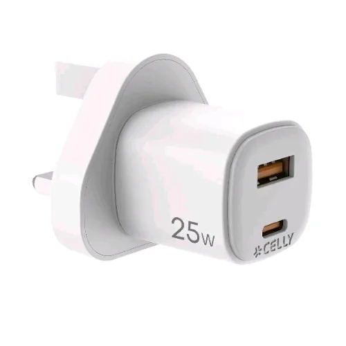 Celly Up Caricabatterie da Rete Gan con Spina Inglese 25 W 1 x USB-A 1 x USB-C Bianco