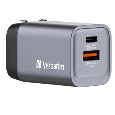 Verbatim GNC-35 Gan Charger Caricabatterie da Rete 35 W 2 Uscite 1 x USB-A 1 x USB-C 3A Grigio