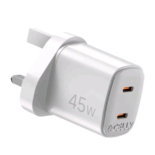 Celly Up Caricabatterie da Rete Gan con Spina Inglese 45 W 2 x USB-C Bianco