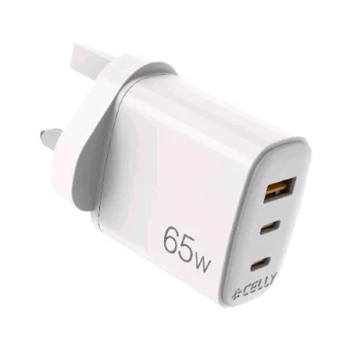 Celly Up Caricabatterie da Rete Gan con Spina Inglese 65 W 1 x USB-A - 2 x USB-C Bianco