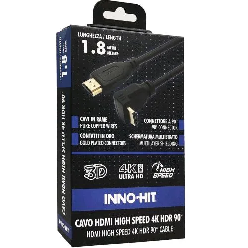 Inno Hit Cavo HDMI 4K HDR High Speed Maschio-Maschio 1 Connettore Angolato a 90 Gradi 1.8 m Nero