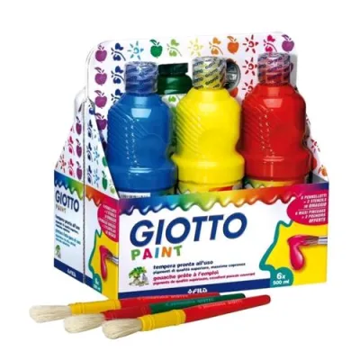 Giotto Tempera Ad Acqua Schoolpack 6 Flaconi 500 ml Ass. + 3 Pennellotti + 2 Stencils Decorativi