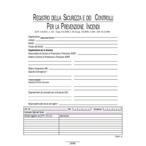 Data Ufficio Registro Sicurezza e Controlli Prevenzione Incendi 240X315 mm 48 Fogli Conf 5 Pz.