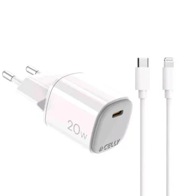 Celly Uptc Caricabatterie da Rete Gan 20 W 1 Porta USB-C + Cavo da USB-C a Lightning Maschio-Maschio Incluso Bianco