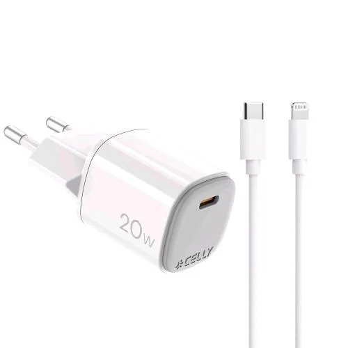 Celly Uptc Caricabatterie da Rete Gan 20 W 1 Porta USB-C + Cavo da USB-C a Lightning Maschio-Maschio Incluso Bianco