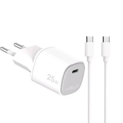 Celly Uptc Caricabatterie da Rete Gan 25 W 1 Porta USB-C + Cavo USB-C Maschio-Maschio Incluso Bianco