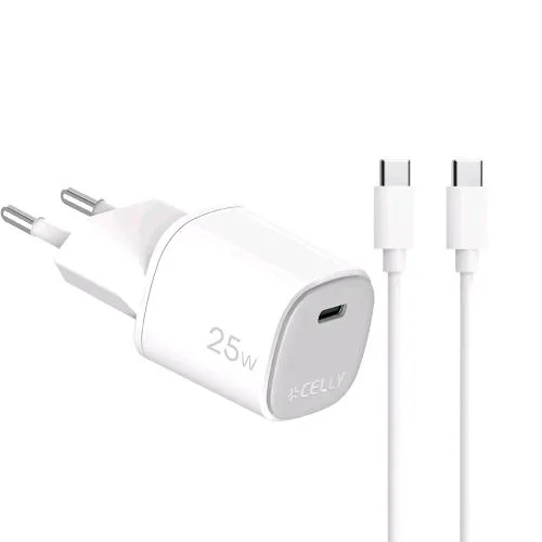 Celly Uptc Caricabatterie da Rete Gan 25 W 1 Porta USB-C + Cavo USB-C Maschio-Maschio Incluso Bianco