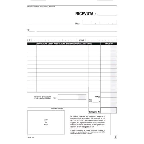 Data Ufficio Ricevute Sanitarie Autocopiante 2 Fogli 210X150 mm A5 100 Fogli Conf 5 Pz.