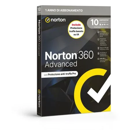 Norton 360 Advanced 2026 Antitruffa 10 Dispositivi 200GB Backup 12 Mesi Box