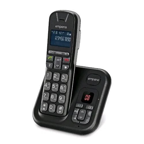 Emporia TH21AB Telefono Cordless Segreteria Telefonica Ampio Display Illuminato Numeri Grandi Vivavoce Compatibile con Apparecchi Acustici Hac Nero