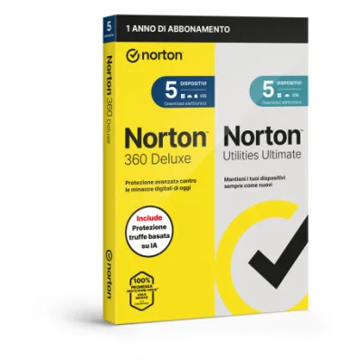 Norton 360 Deluxe 2026 + Ultimate Utilities Antitruffa 5 Dispositivi 50GB Backup 12 Mesi Box