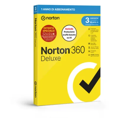 Norton 360 Deluxe 2026 Attach Antitruffa 3 Dispositivi 25GB Backup 12 Mesi Box