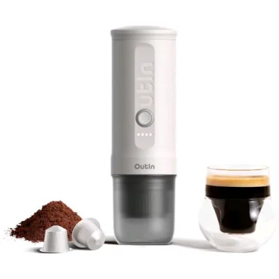 Outin Nano Macchina da Caffe' Espresso Elettrica Portatile da Viaggio per il Campeggio da Auto Moto USB-C Caffe' Macinato e Capsule Nespresso Bianco Perla
