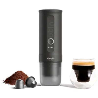 Outin Nano Macchina da Caffe' Espresso Elettrica Portatile da Viaggio per il Campeggio da Auto Moto USB-C Caffe' Macinato e Capsule Nespresso Grigio