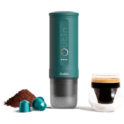 Outin Nano Macchina da Caffe' Espresso Elettrica Portatile da Viaggio per il Campeggio da Auto Moto USB-C Caffe' Macinato e Capsule Nespresso Verde Acqua