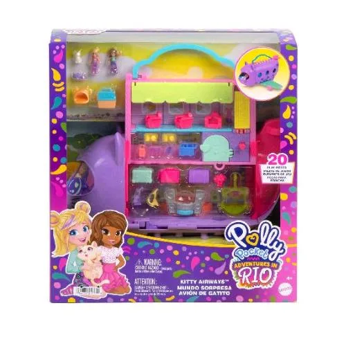 Mattel Polly Pocket Aereo Gattino Playset da Viaggio con 2 Micro Bambole Palco Rotante e Accessori