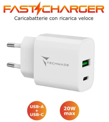 CARICA BATTERIA RAPIDO 1P USB-C/1P USB-A 20W BIANCO TECHMADE
