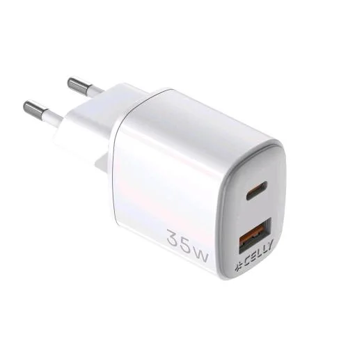 Celly Wall Charger Caricabatterie da Rete Gan 35 W 2 Uscite - 1 x USB-C 1 x USB-A Bianco