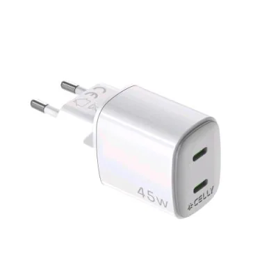 Celly Wall Charger Caricabatterie da Rete Gan 45 W 2 Uscite USB-C Bianco