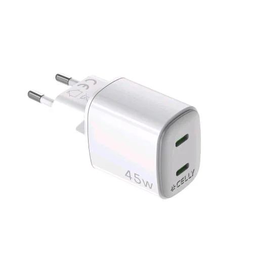 Celly Wall Charger Caricabatterie da Rete Gan 45 W 2 Uscite USB-C Bianco